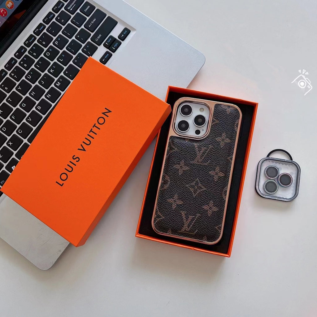 Louis Vuitton iPhone Case Luxury Classic Leather Rhinestone Lens